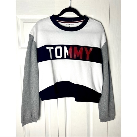 Tommy Hilfiger White Blue Grey Colorblock Long Sleeve Crew Shirt Size Medium - Picture 4 of 6